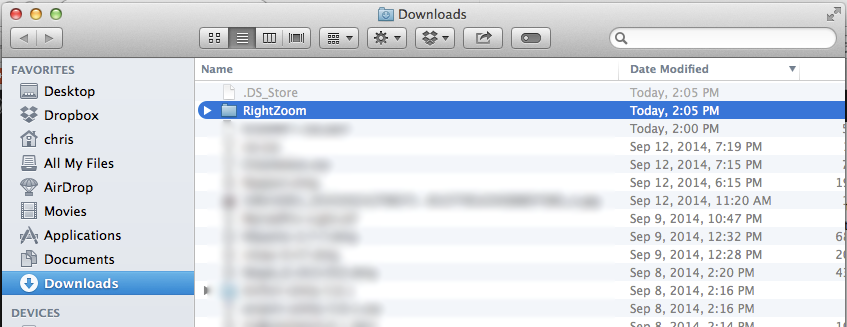 The newly-created 'RightZoom' folder, in Finder