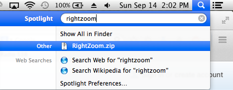 Finding RightZoom.zip using Spotlight